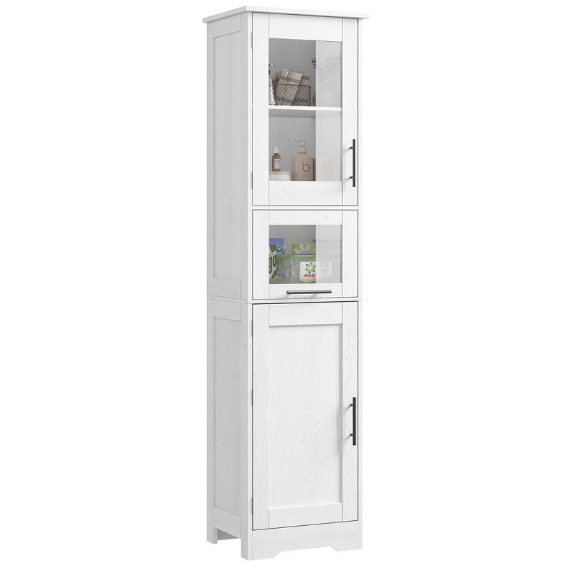Slim Bathroom Cabinet, Tall Narrow Storage Cabinet with Glass Doors and Shelf, Freestanding Linen Cabinet for Kitchen, Living Room, White, 1 of 13