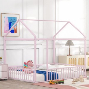 Full Size Metal Bed House Bed Frame with Fence, for Kids, Teens, Girls, Boys - 1 of 4
