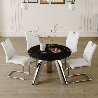 NicBex 5 PCS/7 PCS Dining Table Set,Round Dining Table with Black Sintered Stone Tabletop and 4/6 PU Chairs for Kitchen/Apartment