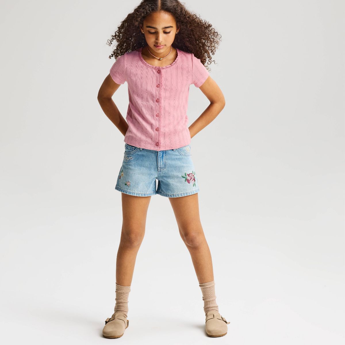 Girls' Short Sleeve Pointelle Lace Trim Button-Down T-Shirt - Cat & Jack™ - thumbnail 7