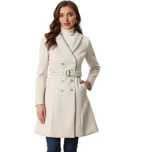 Allegra K Women's Double Breasted Winter Flat Collar Belted Coat With ...