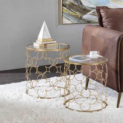 Flowie Round Clear Glass Top Gold Metal Nesting Tables