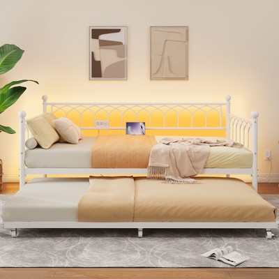 Garvee Twin Daybed with Trundle,Day Bed with LED Lights & Charging Station, Metal Bed Frame with Pull Out Trundle for Living Room, Small Spaces