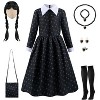 Joyfy Girls Halloween Costume The Addams Family Wednesday Costume, Black Floral Print Dress with Wig Stocks Halloween Dress Up Costume - 4 of 4