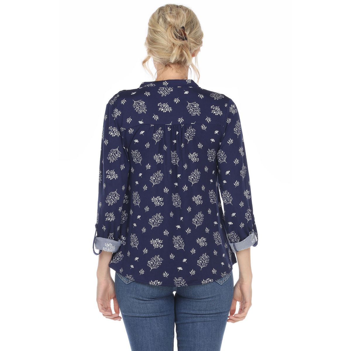 Women's Pleated Long Sleeve Leaf Print Blouse - White Mark - thumbnail 8