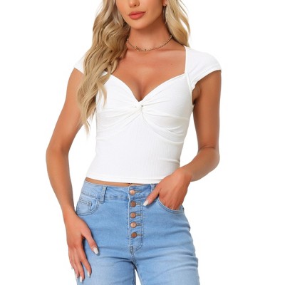Allegra K Women's Sweetheart Neck Cap Sleeve Ribbed Knit Twist Knot Shirt