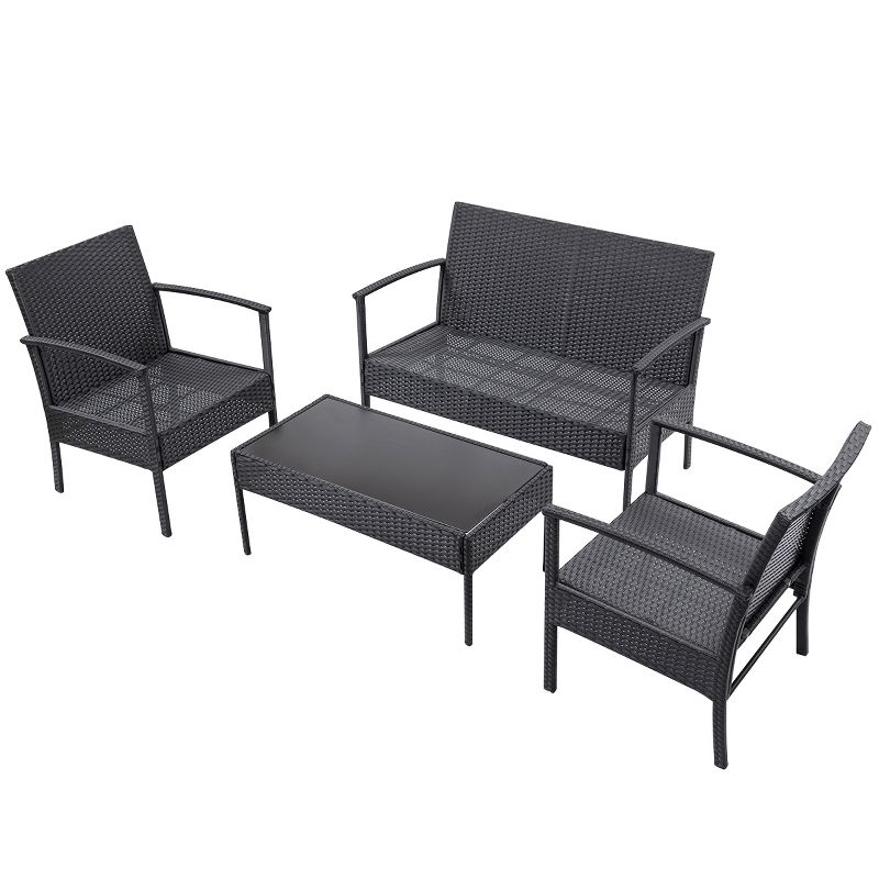Tangkula 4 PCS Rattan Wicker Furniture Set Loveseat Sofa Cushioned Patio Outdoor Black, 1 of 9