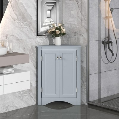 GustoWave Floor Corner Cabinet with Two Doors and Shelves, Free-Standing Corner Storage Cabinets for Bathroom, Kitchen, Living Room, Blue