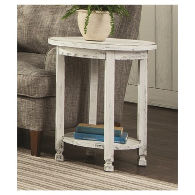 White Antique Round Wood End Table with Shelf