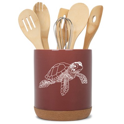 Elanze Designs 8 inch Nautical Sea Turtle Large Ceramic Kitchen Utensil Holder Red and White Crock with Cork Base