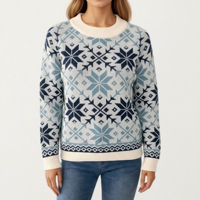 Anna-Kaci Women's Nordic Snowflake Knit Sweater with Ribbed Trim and Crew Neck