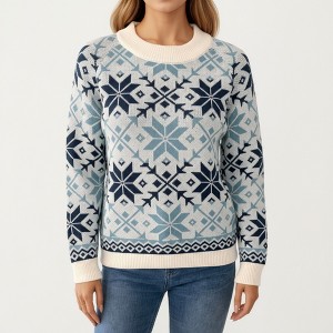 Anna-Kaci Women's Nordic Snowflake Knit Sweater with Ribbed Trim and Crew Neck - 1 of 4