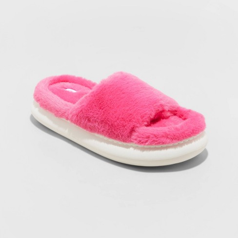 Solid Color Faux Fur Slides Slippers, Slip On Round Toe Non-slip