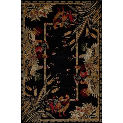 Black Floral Rectangular Stain-Resistant Synthetic Area Rug