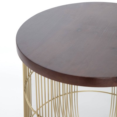 Maxwell Gold Metal Wire Base Round Side Table with Dark Brown Wood Top