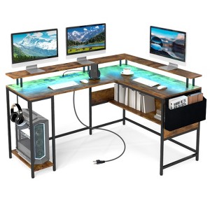 Tangkula L-Shaped Gaming Desk w/ LED Lights & Power Outlets Monitor Stand Fabric Bag - 1 of 4