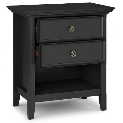 Vynxaria Traditional Black Bedside Table, Solid Wood, 24"W×16"D×26"H, 2 Drawers (Metal Glides) + Open Storage, Bronze Pulls, Hand-Finished NC Lacquer
