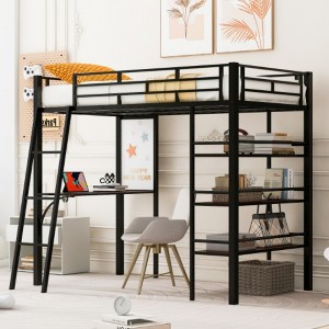 Twin Size Loft Metal Bed with 3 Layers of Shelves and Desk, Stylish Metal Frame Bed with Whiteboard, Black - 1 of 4