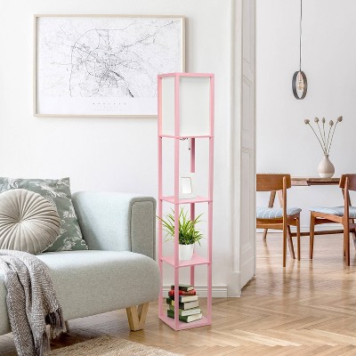 Elegant Light Pink Column Floor Lamp with Linen Shade and Display Shelves