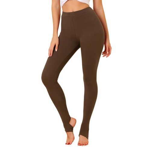 Allegra K Women's Elastic Waistband Soft Gym Yoga Cotton Stirrup Pants  Leggings Brown Large