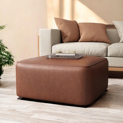 Alilang 30.00 inches Square Faux Leather Ottoman Pouf with Modern Design-Light Brown