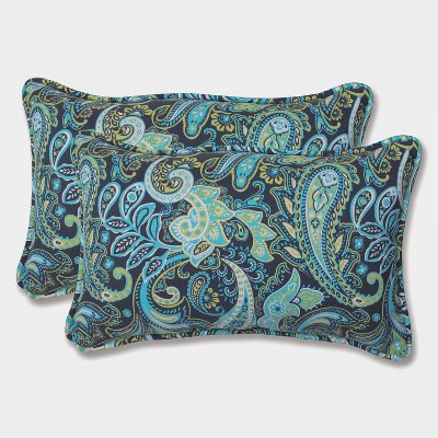 2pk Outdoor Rectangle Throw Pillow - Navy/Turqouise/Paisley - Pillow Perfect: Weather-Resistant, Self-Cord Edge