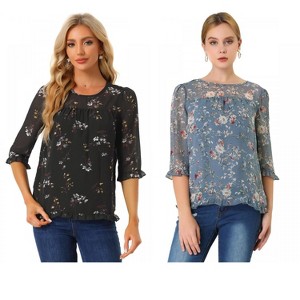 Allegra K Women's Round Neck Ruffle 3/4 Sleeve Floral Print Chiffon Blouse 2 Pcs - 1 of 4