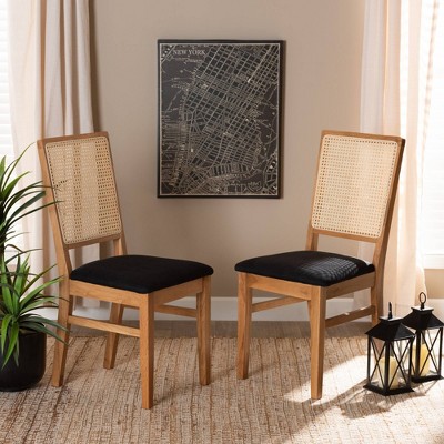 Set of 2 Idris Fabric Upholstered Rattan Dining Chairs Black/Oak Brown - Baxton Studio: Mid-Century Design, Comfort Seating