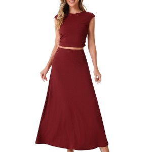 Allegra K Women's Two Piece Ribbed Knit Crew Neck Short Sleeve Cropped Top and Elastic Waist A-Line Midi Skirt Set - 1 of 4