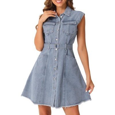 Allegra K Women's Denim Button Down Lapel Belted A-line Tank Dress