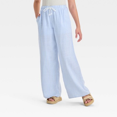 Girls' Wide Leg Striped Beach Pants - art class™ Blue L