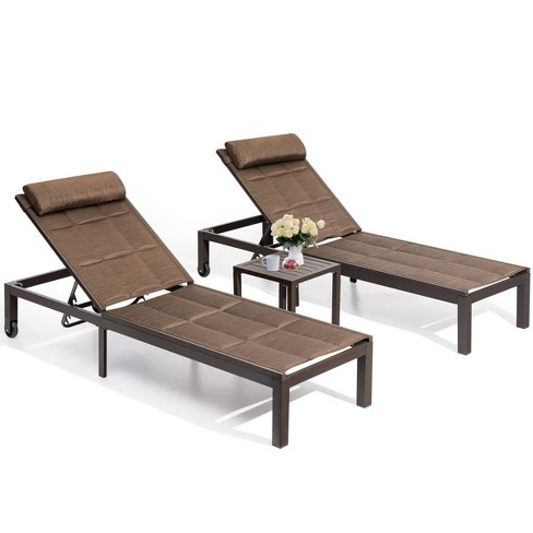 3pc Outdoor Recliner Adjustable Quilted Chaise Lounge Chair (with Headrest and Wheels) & Table Set Brown - Crestlive Products - image 1 of 4