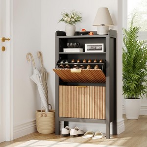 Shoe Storage Cabinet with 2 Flip Drawers, Narrow Freestanding Shoe Organizer with Legs, - 1 of 4