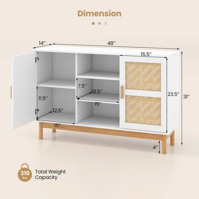 White and Natural Bamboo Woven 48" Sideboard Buffet Cabinet