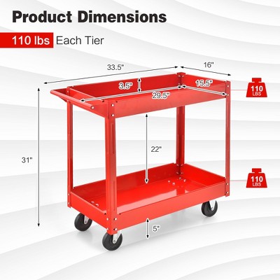 Red Metal 2-Tier Utility Cart with Wheels and Handle
