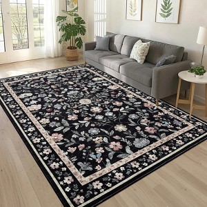 9x12 Washable living room rug, with floral decoration，non-slip backing, stain-resistant,  for dining room, bedroom, children's room, Black - 1 of 4