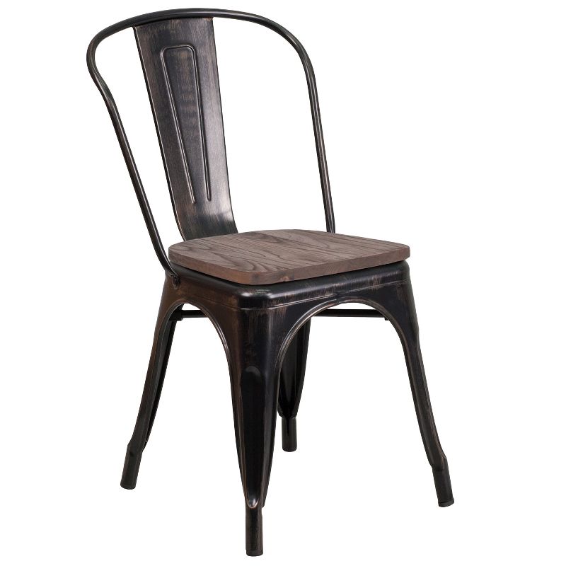 Merrick Lane Series Dining Chair - Blue Metal Frame - Textured Wooden Seat - Slatted, Curved Back, 1 of 18