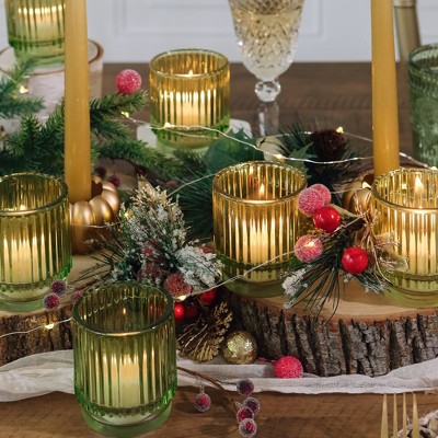 Set of 6 Green Ribbed Glass Votive Candle Holders