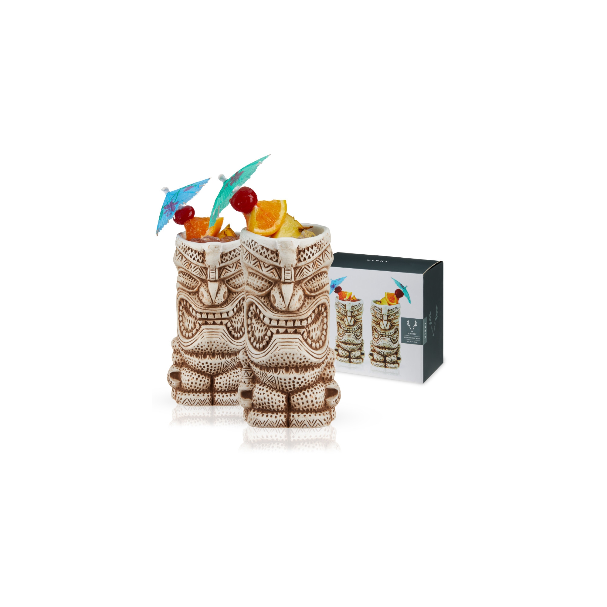 Viski High Tide Ceramic Tiki Mugs Set of 2, Hand Painted 14.5oz Tiki Glasses for Cocktails, Mocktails, Birthday, BBQ, Pool Party, Home Tiki Bar Nights