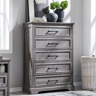 46" Farmhouse 5 Drawers Dresser for Bedroom, Tall Wood Chest of Drawers with Natural Texture for Bedroom, Living Room
