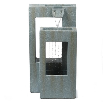 LuxenHome Patina Stone Gray Cement Double Column Outdoor Fountain with LED Lights