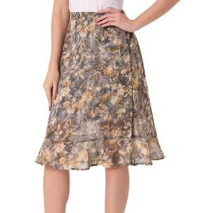 INSPIRE CHIC Women's Floral Ruffle Elastic High Waist Button Flowy Split Skirt - 1 of 4