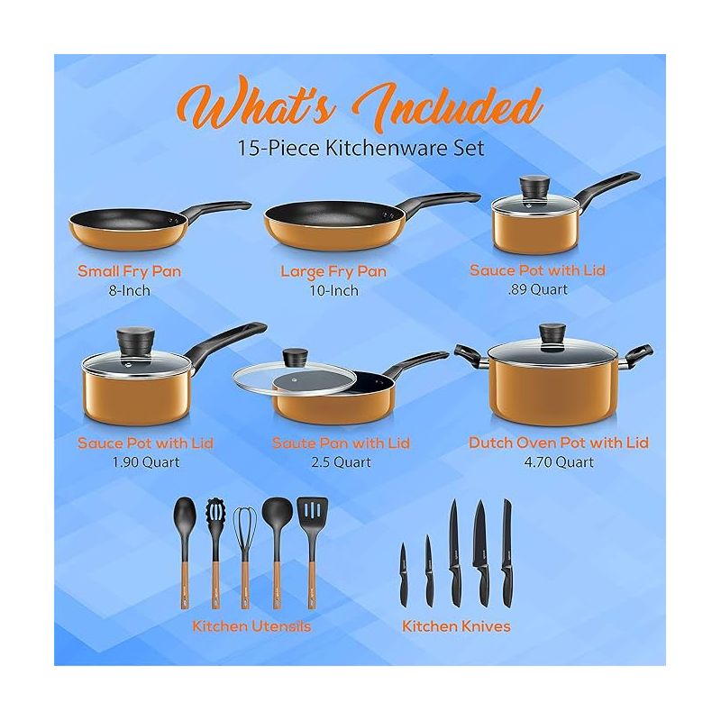SereneLife 20 Piece Kitchenware Pots & Pans Set – Basic Kitchen Cookware, Black Non-Stick Coating Inside, Heat Resistant Lacquer (Gold), 2 of 8