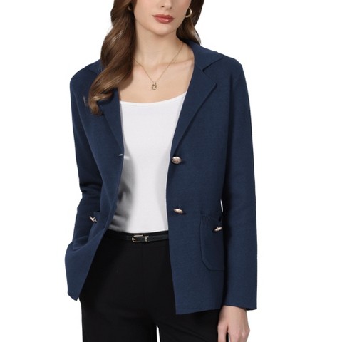 INSPIRE CHIC Women's Notched Lapel Long Sleeve Button Down Business Casual Knit Blazer with pockets Medium Navy Blue