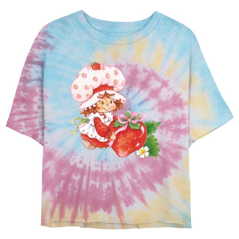 Juniors Womens Strawberry Shortcake Watercolor Berry Tie Dye Crop T Shirt, 1 of 5