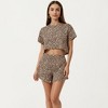 Anna-Kaci Lounge Women's Leopard Print Pajama Set with Short Sleeve Crew Neck Crop Top and Matching Elastic Waist Shorts - 2 of 4