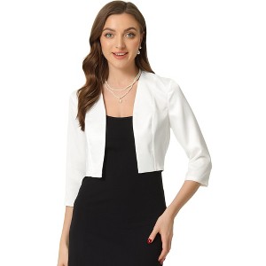 INSPIRE CHIC Women's Satin Elegant 3/4 Sleeve Open Front Cropped Bolero Shrug Cardigan - 1 of 4
