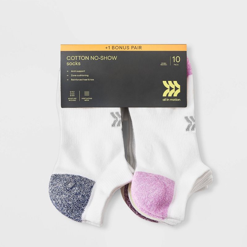 Women&#39;s 10+1 Bonus Pack Cushioned Marled Heel/Toe No Show Athletic Socks - All In Motion&#8482; White 4-10, 3 of 5