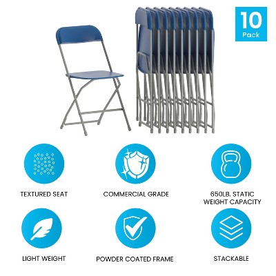 Emma + Oliver Set of 10 Blue Plastic Folding Chairs with Steel Frame