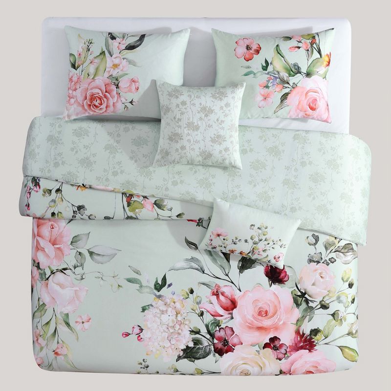 Bebejan Rose on Misty Green 100% Cotton 5-Piece Reversible Comforter Set, 5 of 11
